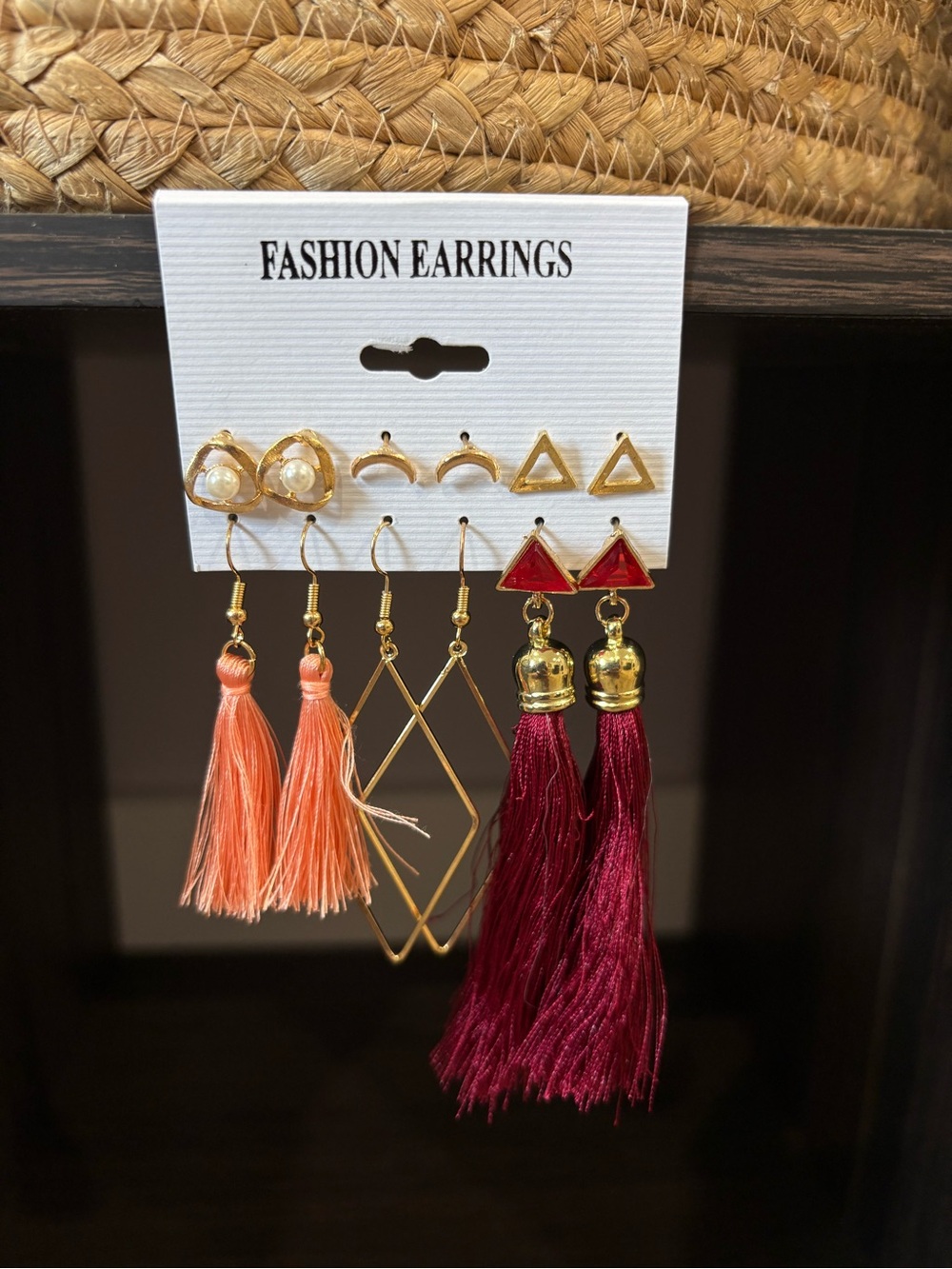 Gold Accent Tassel Earring Set 6 Pair - Coral & Burgundy